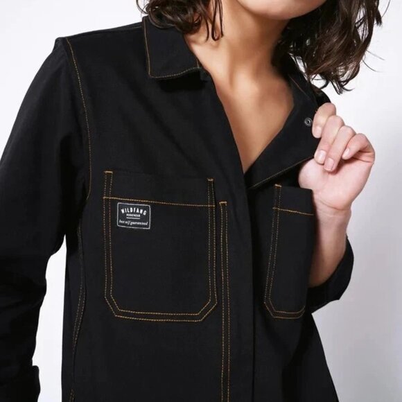 Wildfang Essential Long Sleeve Coverall Black Brushed Cotton Yellow Stitches - Picture 3 of 7